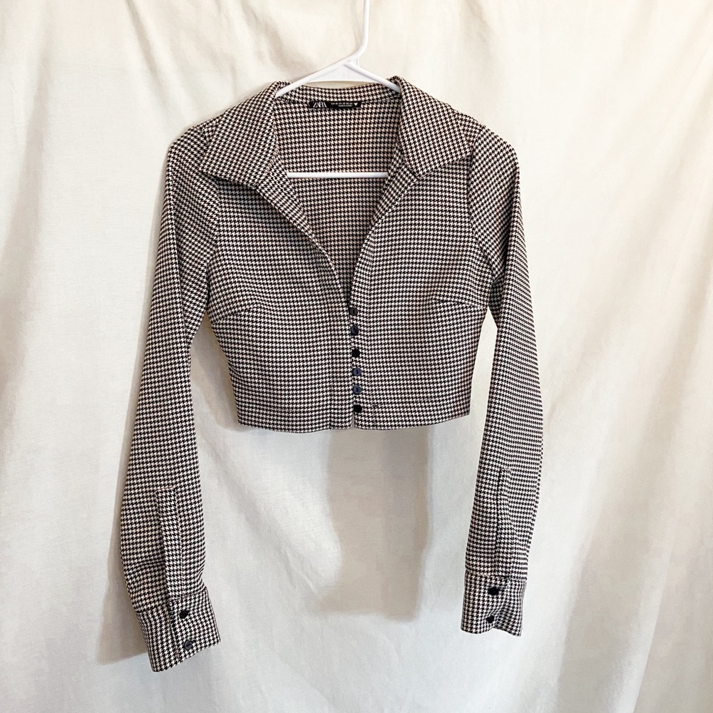 Zara Cropped Long Sleeve Collared Houndstooth Top XS